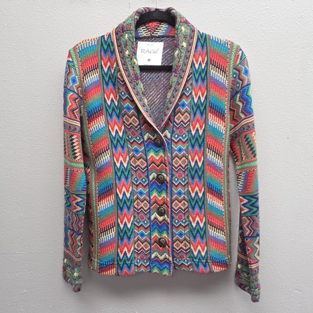 Rage Sweater Womens Medium Multicolor Geometric Pattern Boho Button Knit Jacket